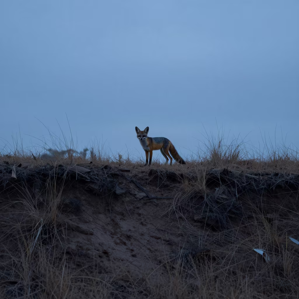 Bat-eared Fox Silhouette on Thanjavur Ridge in on a wind-scoured ridge near Thanjavur