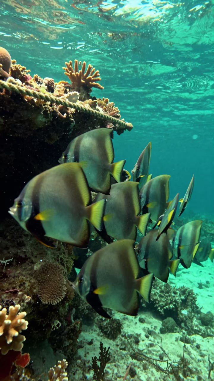 Batfish Circle Coral Mooring Line Belize in beneath a reef ledge in tropical shallows near Belize City