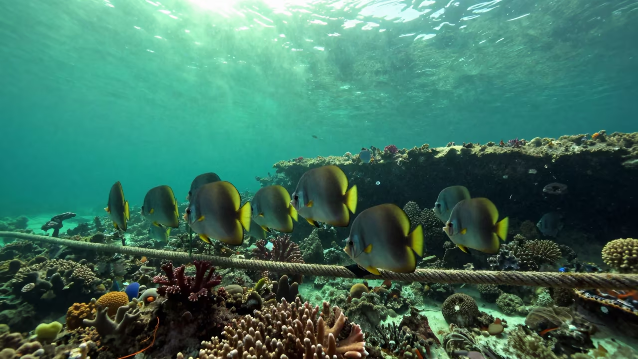 Batfish Circle Mooring Line Reef Ledge in beneath a reef ledge in tropical shallows near Stone Town