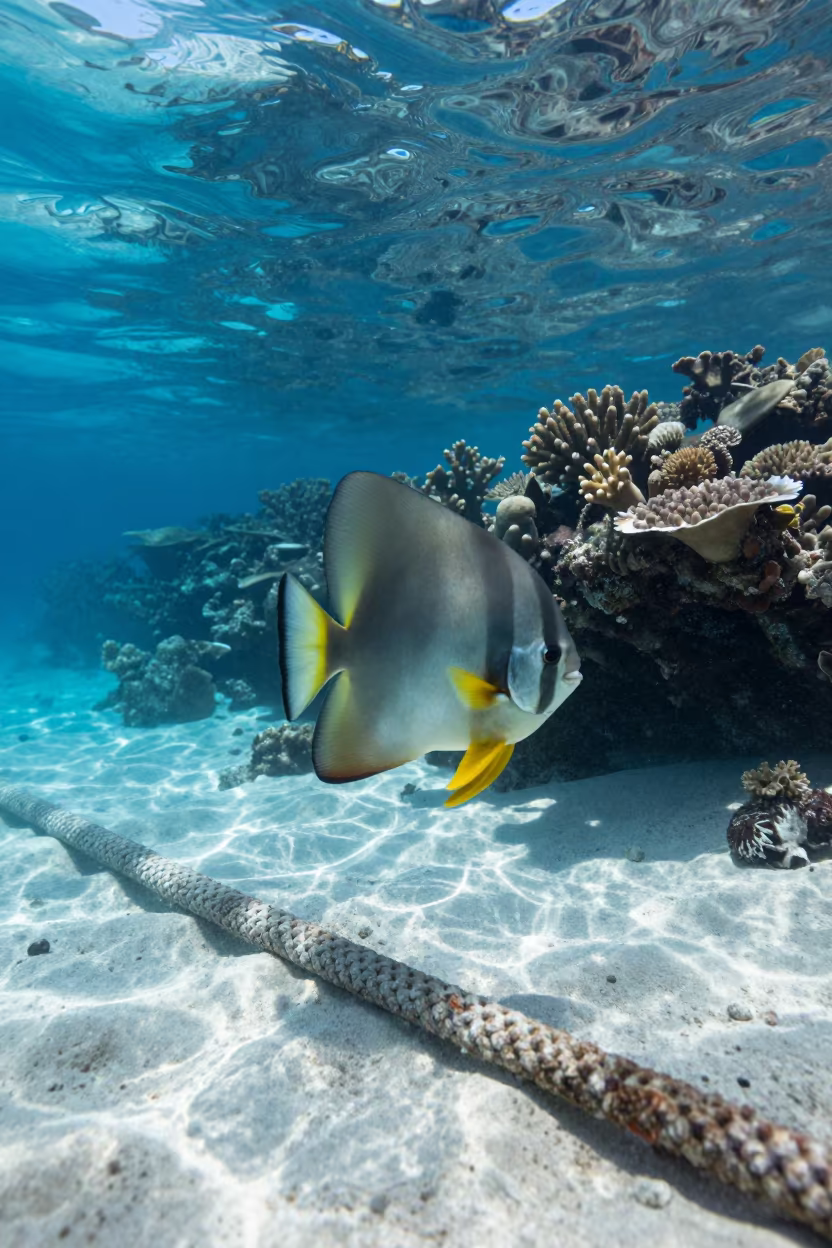 Batfish Circling Coral Mooring Line in Zanzibar in beside a reef crevice under clear water near Zanzibar
