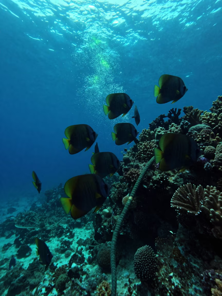 Batfish Circling Mooring Line in Bali Blue Water in along a coral wall with blue water beyond near Denpasar