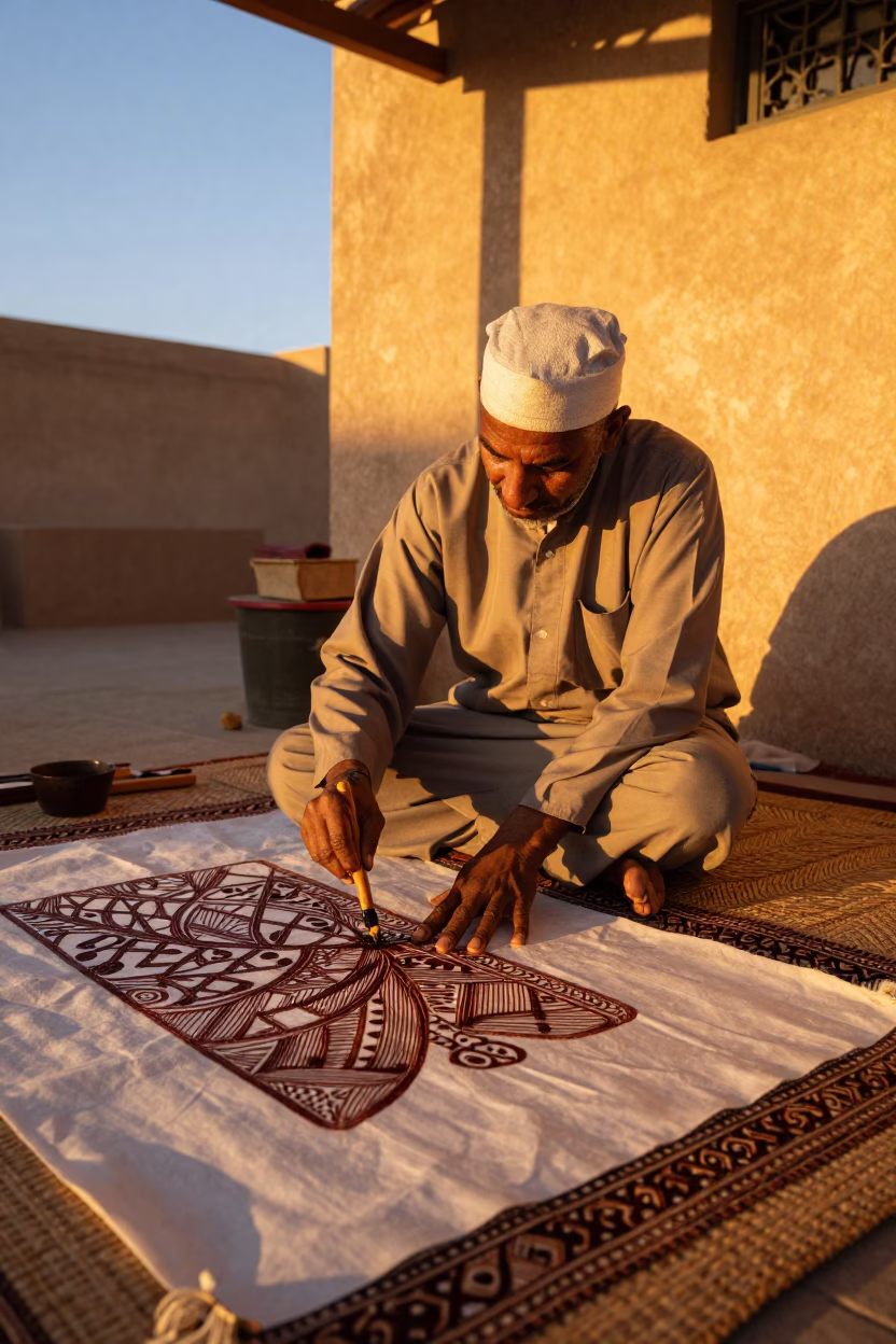 Batik Artist Applying Wax in Golden Hour Light at Essaouira Morocco Workshop in in Essaouira, Morocco