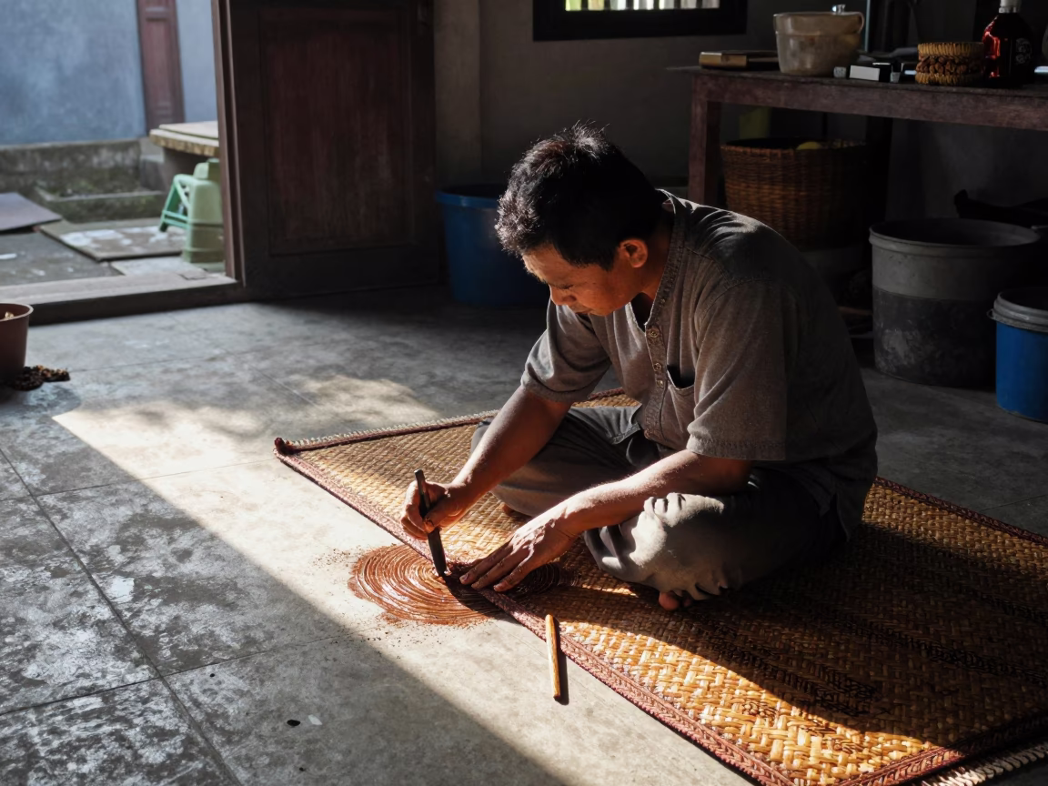 Batik Artist Applying Wax with Tjanting Tool in Denpasar Indonesia at First Light in in Denpasar, Indonesia