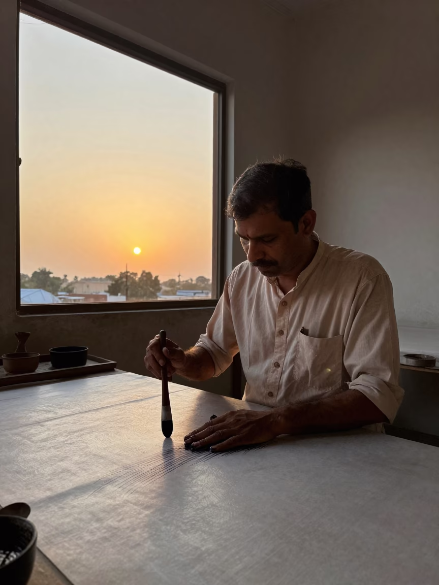 Batik Artist Applying Wax with Tjanting Tool in Jaipur During Sunset in in Jaipur, India