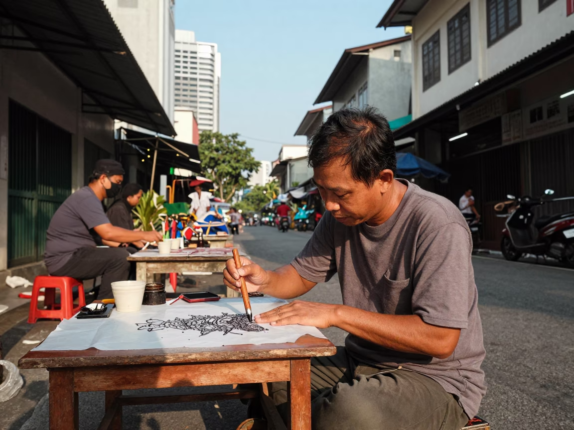Batik Artist Applying Wax with Tjanting Tool in Kuala Lumpur Late Afternoon in in Kuala Lumpur, Malaysia