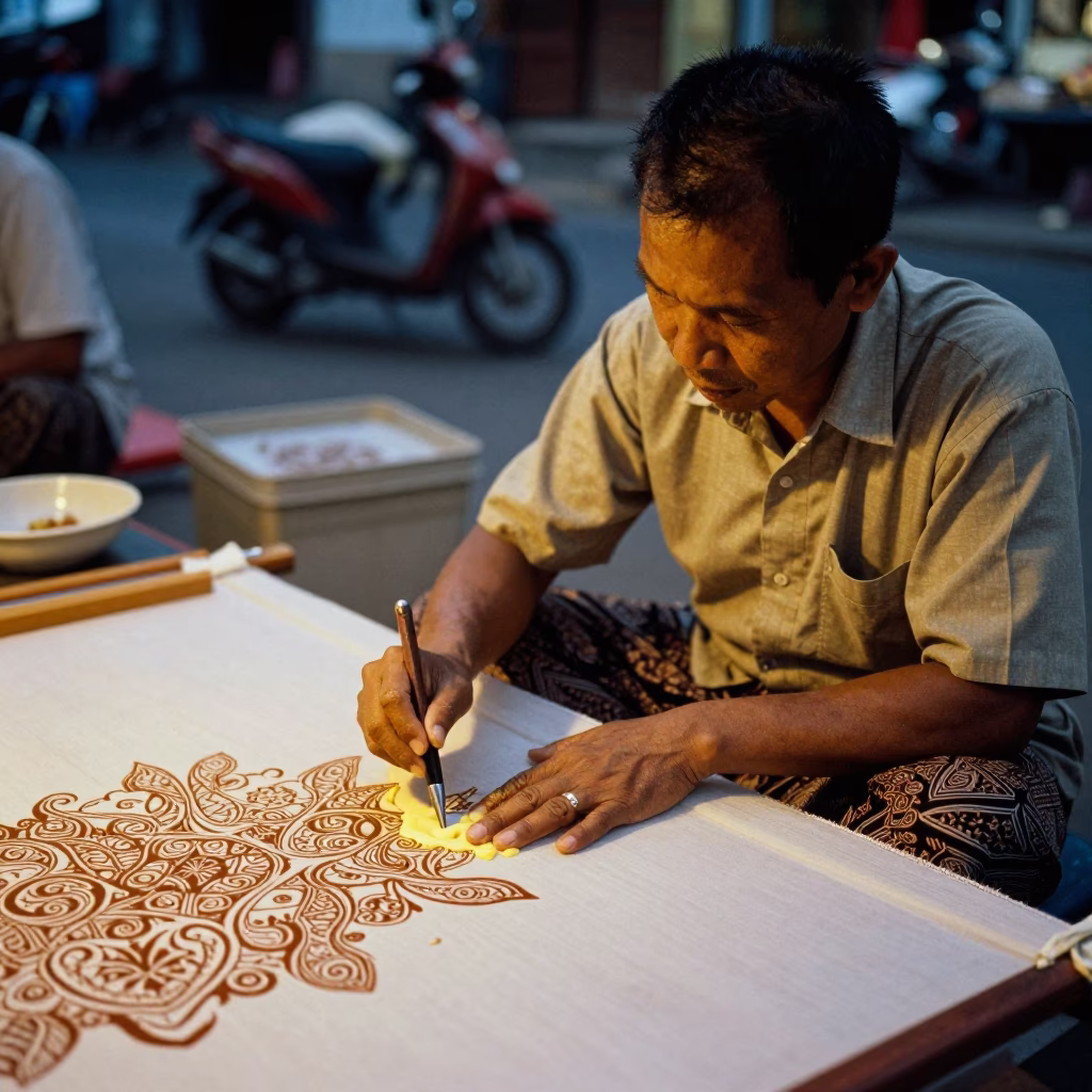 Batik Artist Applying Wax with Tjanting Tool in Yogyakarta Evening Light in in Yogyakarta, Indonesia