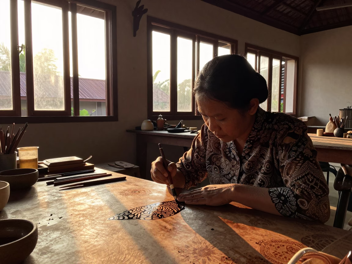 Batik Artist Applying Wax with Tjanting Tool in Yogyakarta Workshop at Sunset in in Yogyakarta, Indonesia