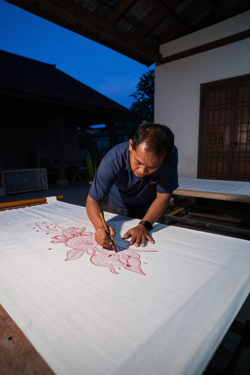 Batik Artist Applying Wax with Tjanting Tool in Yogyakarta Workshop During Blue Hour in in Yogyakarta, Indonesia