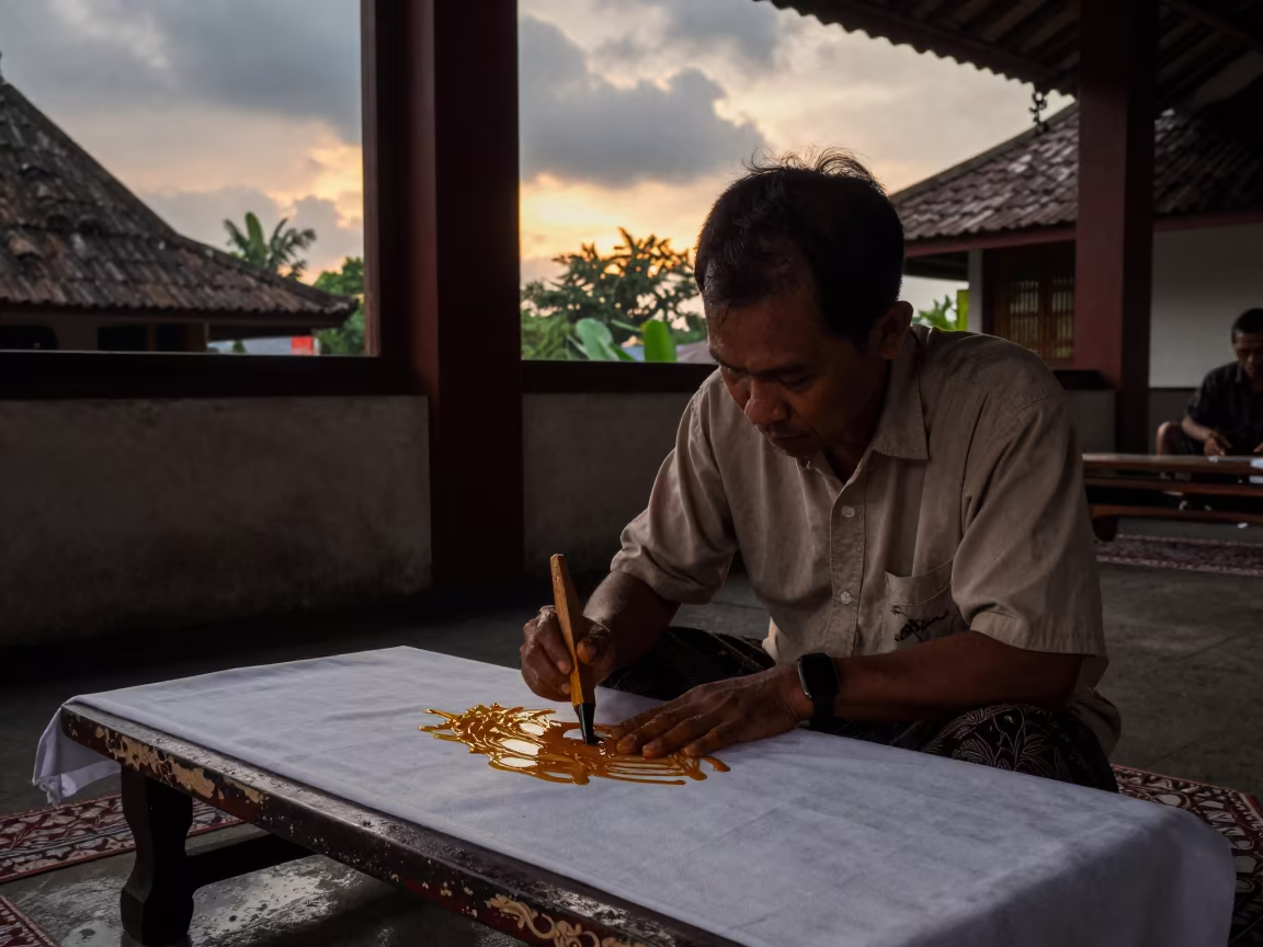 Batik Artist Applying Wax in Yogyakarta Hall in in a ceremonial hall in Yogyakarta