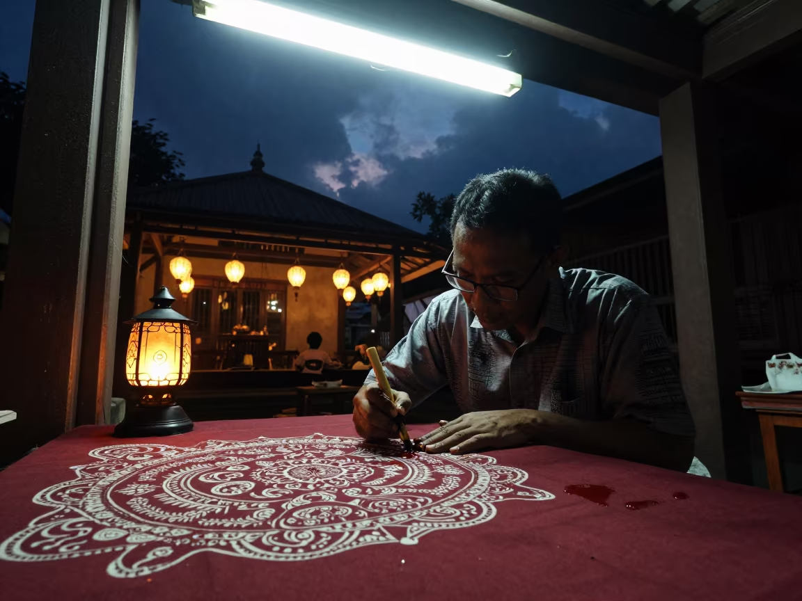 Batik Artist Working Midnight Lantern Shrine in in a shrine lined with lanterns in Glodok, Jakarta