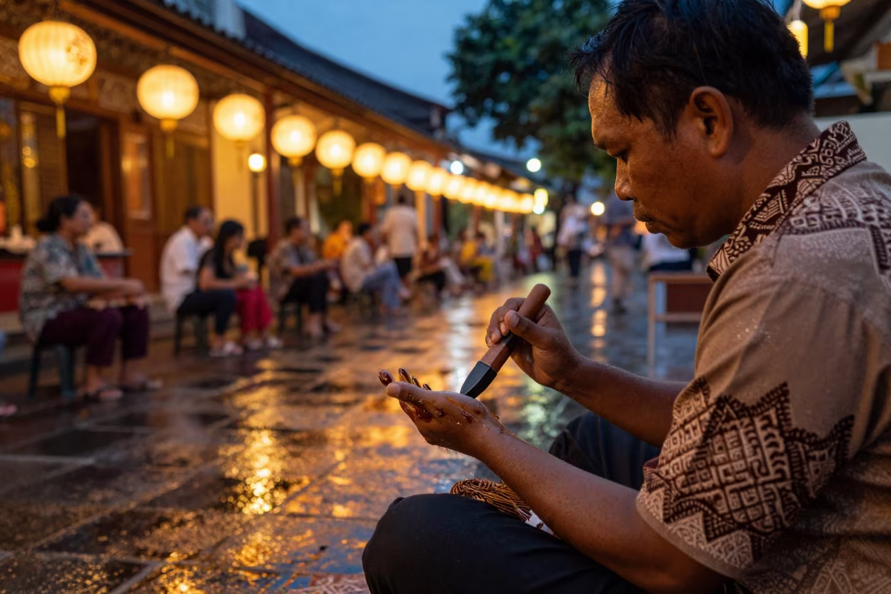 Batik Artist Waxing Lantern-Lit Shrine at Night in in a shrine lined with lanterns in Kota Tua, Jakarta