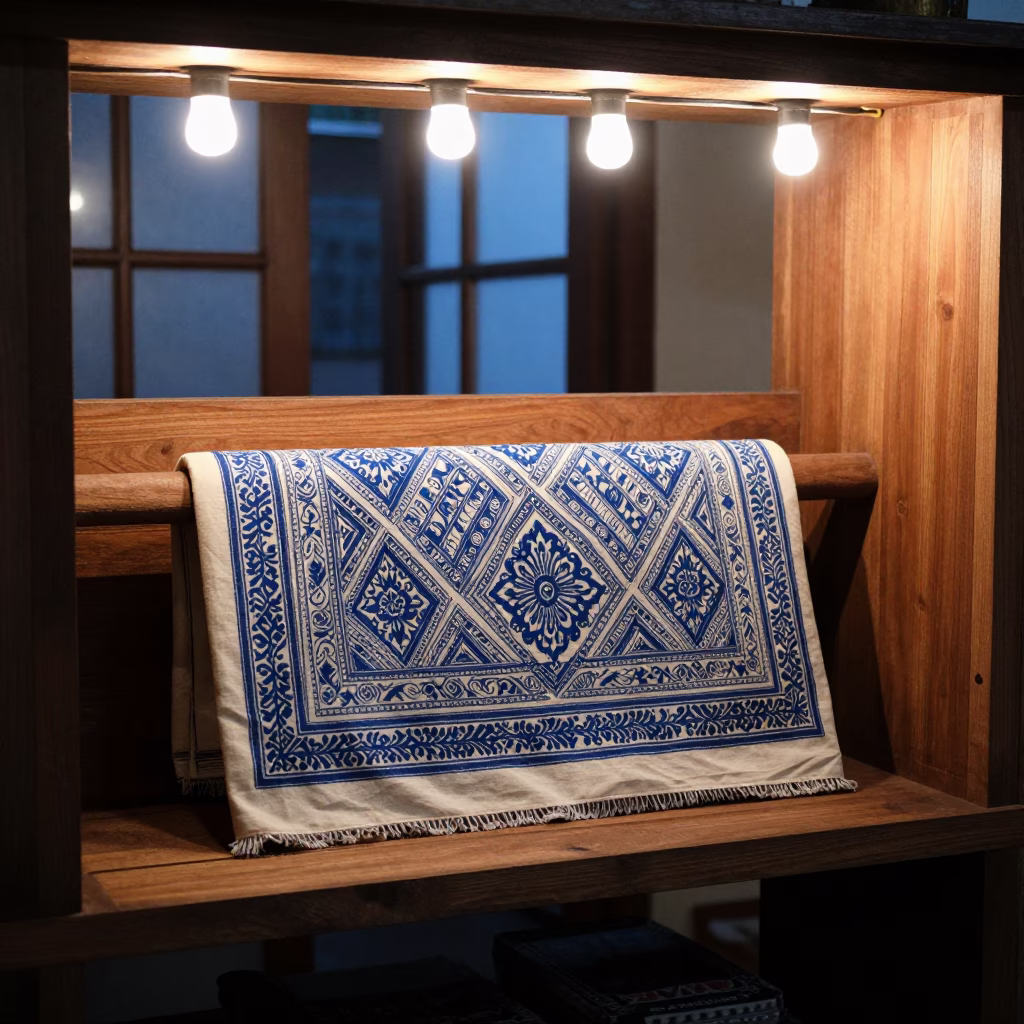 Batik Fabric Roll in Ceremonial Alcove Night Light in in a ceremonial alcove in Yogyakarta