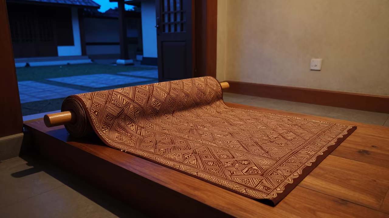 Batik Fabric Roll in Ceremonial Yogyakarta Alcove in in a ceremonial alcove near Yogyakarta