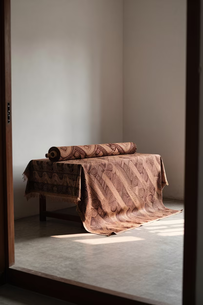 Batik Fabric Roll on Dawn Table Jakarta in on a textile-covered table in Jakarta