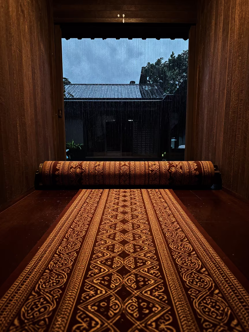 Batik Fabric Roll in Jakarta Ceremonial Alcove in in a ceremonial alcove in Kemang, Jakarta