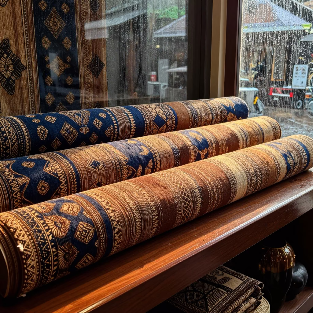 Batik Fabric Roll on Lacquered Shelf Jakarta in on a lacquered display shelf in Kemang, Jakarta