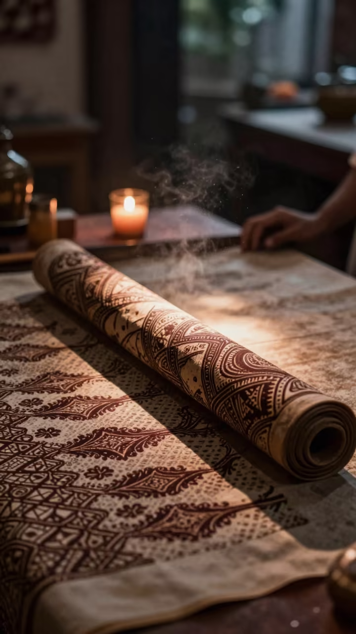 Batik Fabric Roll on Textile Table Jakarta in on a textile-covered table near Menteng, Jakarta