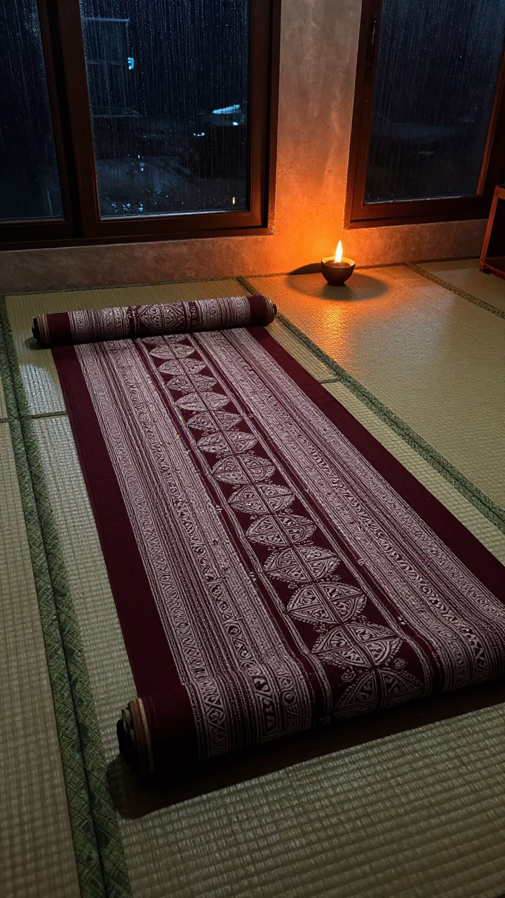 Batik Roll on Tatami Under Firelight Jakarta Night in on a tatami mat in Jakarta