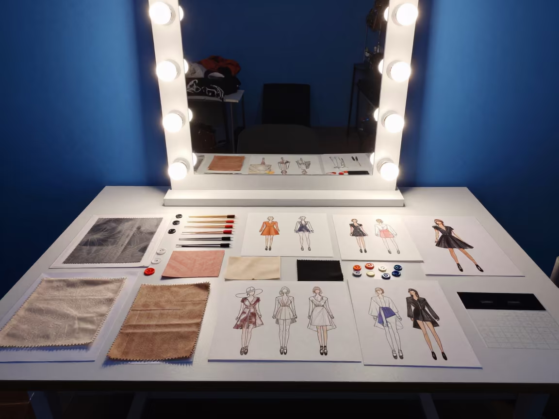 Batman Fashion Mood Board in Blue Twilight in beside a mirror lined with makeup bulbs in Batman