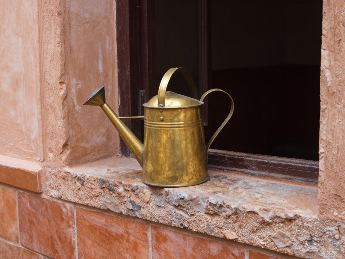 Battered Brass Watering Can in Marrakech in in Marrakech, Morocco