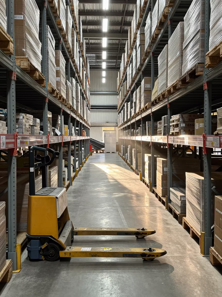 Battery Bay Under White Strip Lights in Kobe Warehouse in inside a warehouse aisle in Kobe