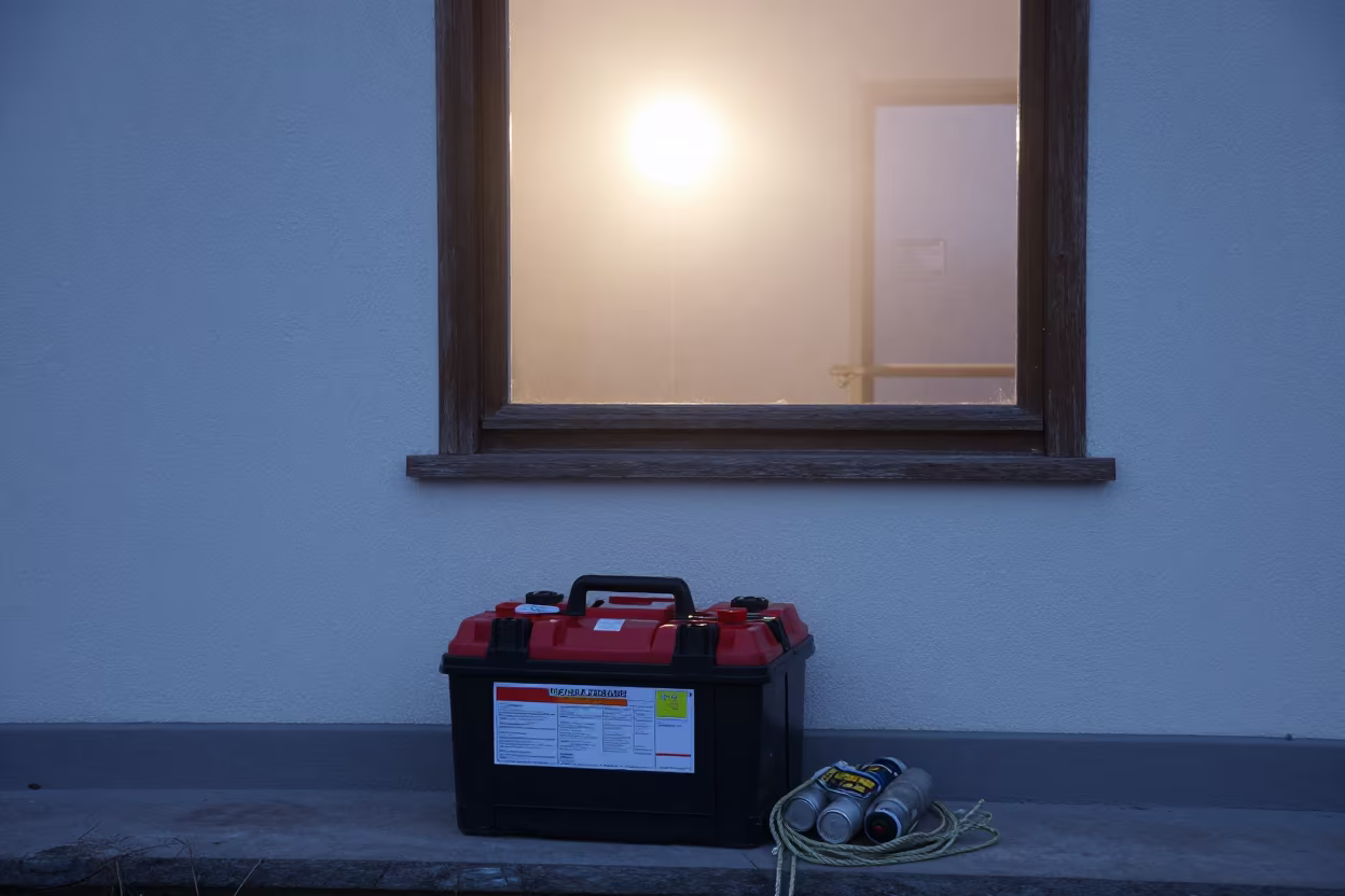 Battery Caddy in Bavarian Winter Dawn Mist in beside a framed building shell in Bavaria