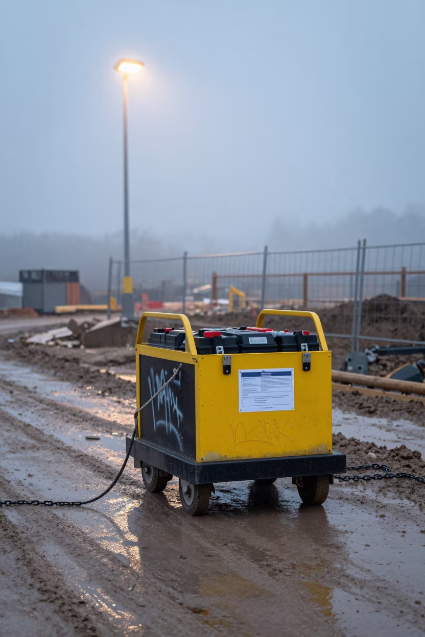 Battery Caddy on Muddy Road at Dawn in at a muddy site access road in Germany