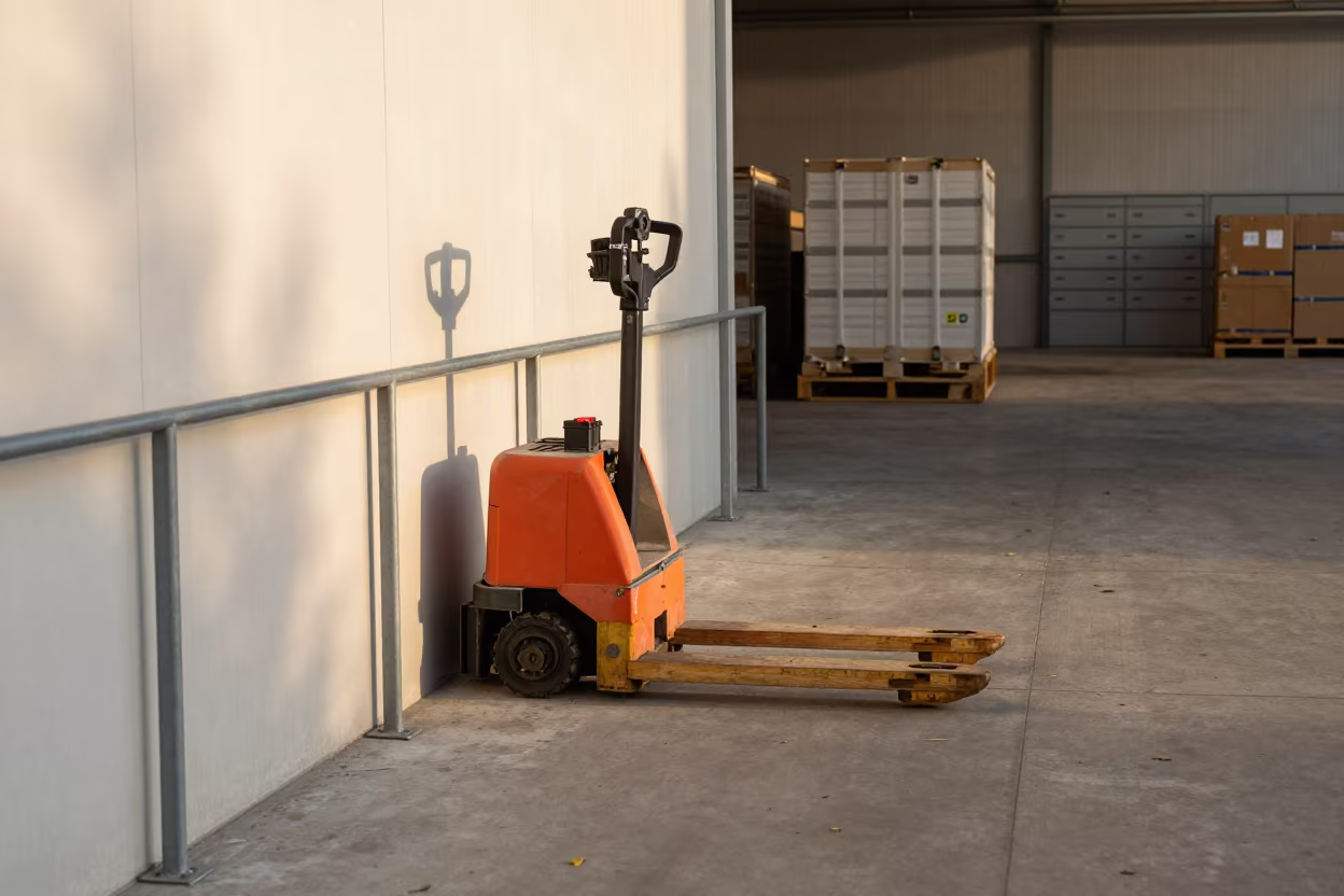 Battery Kit Aisle Before Morning Dock Shift in inside a warehouse aisle near Marseille