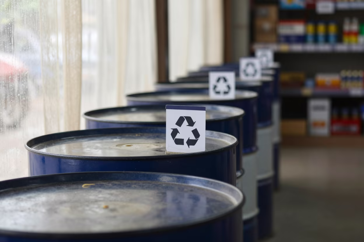 Battery Recycling Drum Tag Rail in Monsoon Storefront in inside a storefront display zone near Purnia