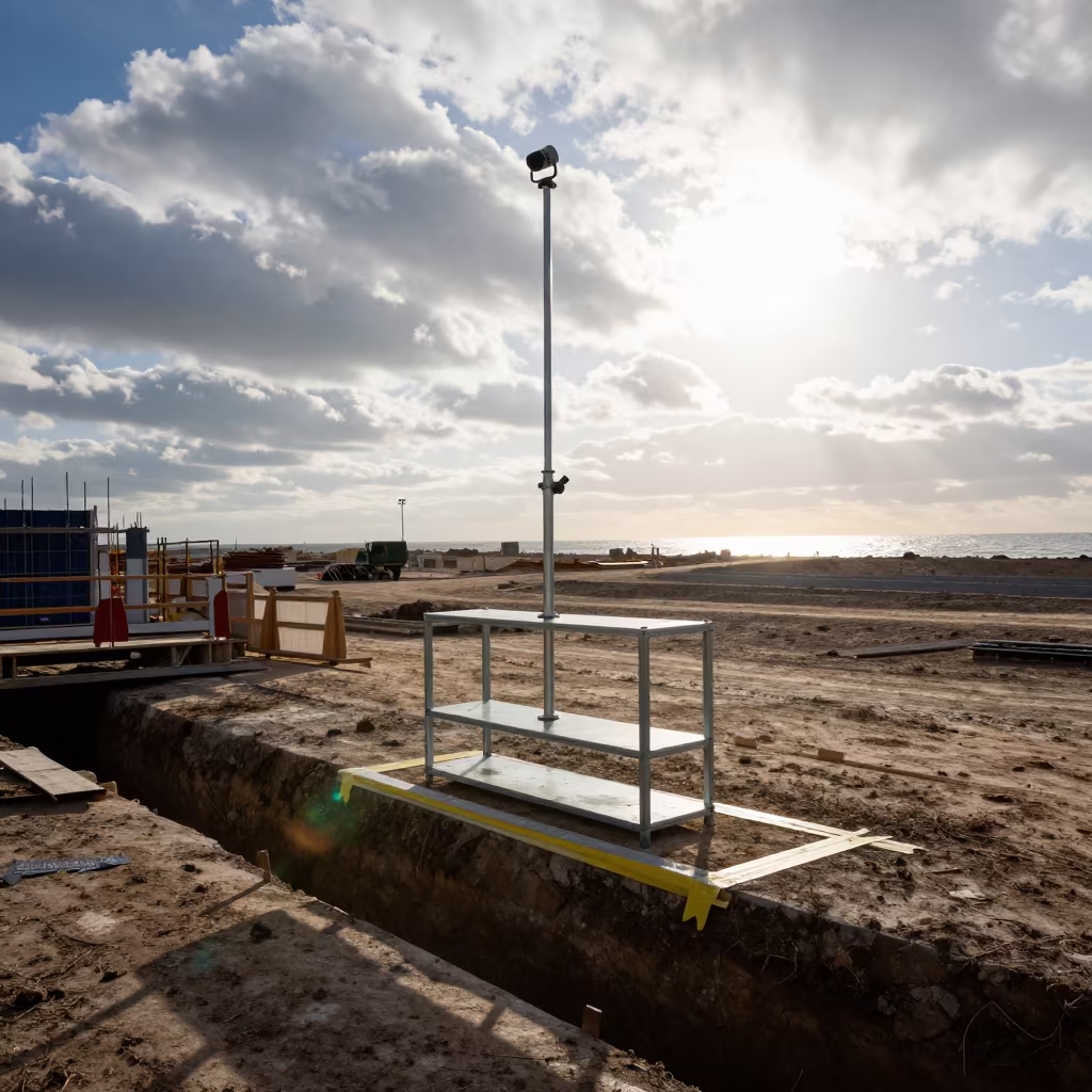 Battery Shelf Camera Mast Winter Construction Site in inside a taped-off excavation edge in the Silk Road
