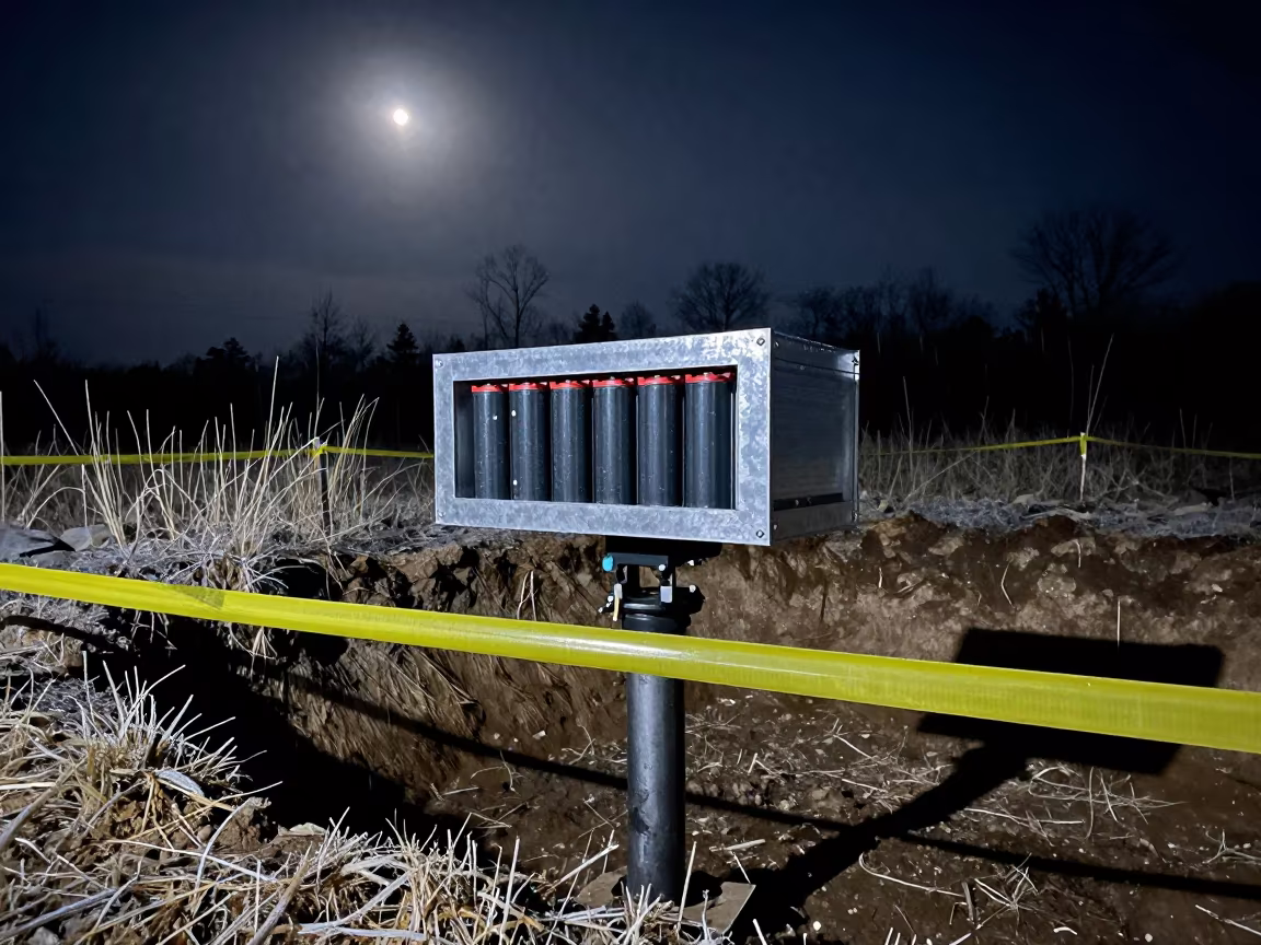 Battery Shelf on Construction Mast Under Winter Moon in inside a taped-off excavation edge in Maine