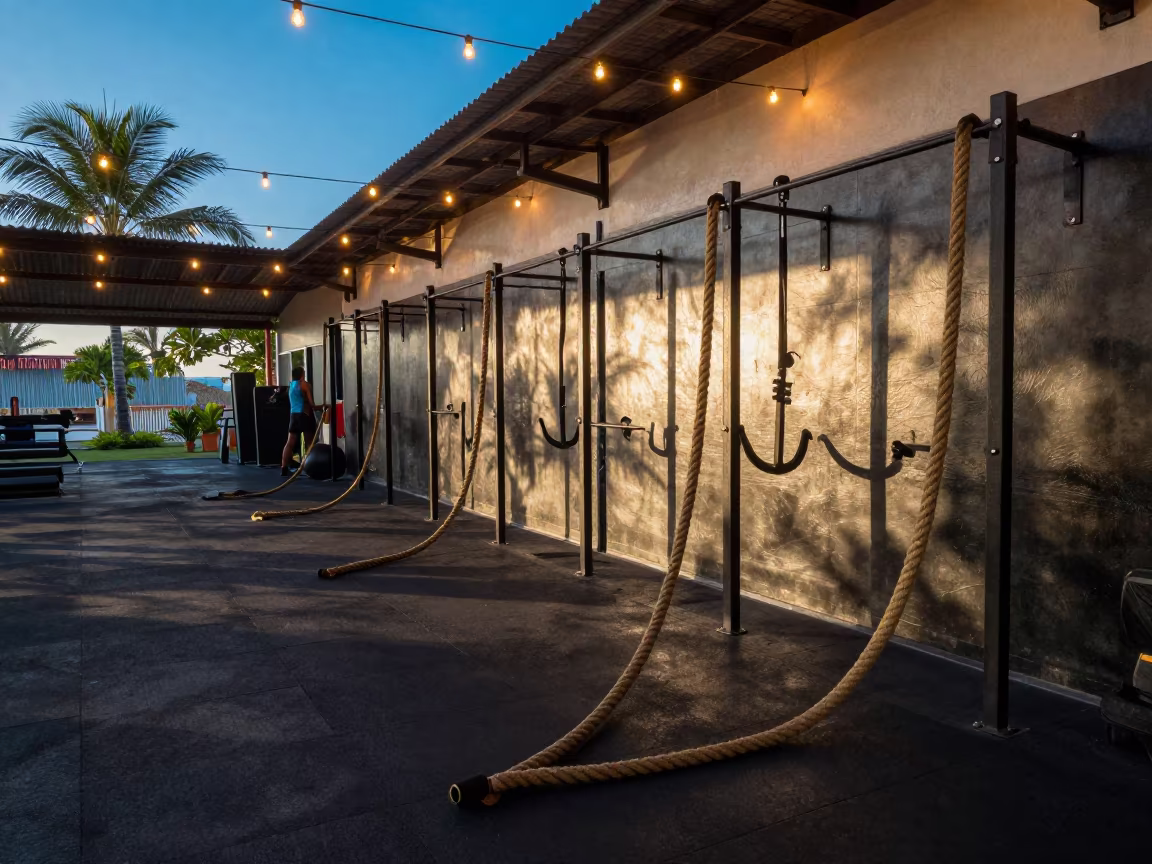 Battle Rope Anchor Wall in Evening Spin Studio in inside a spin studio under class lights near Colón