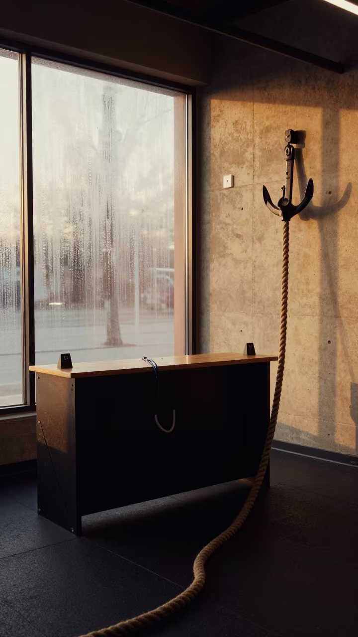 Battle Rope Anchor Wall Late Afternoon Light in at a gym check-in desk in Ravenna