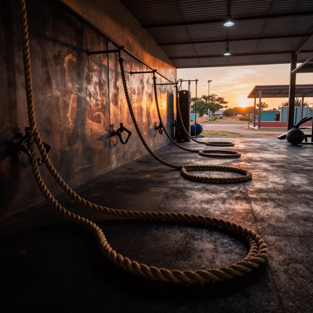 Battle Rope Anchor Wall in Lokoja Studio in inside a spin studio under class lights in Lokoja