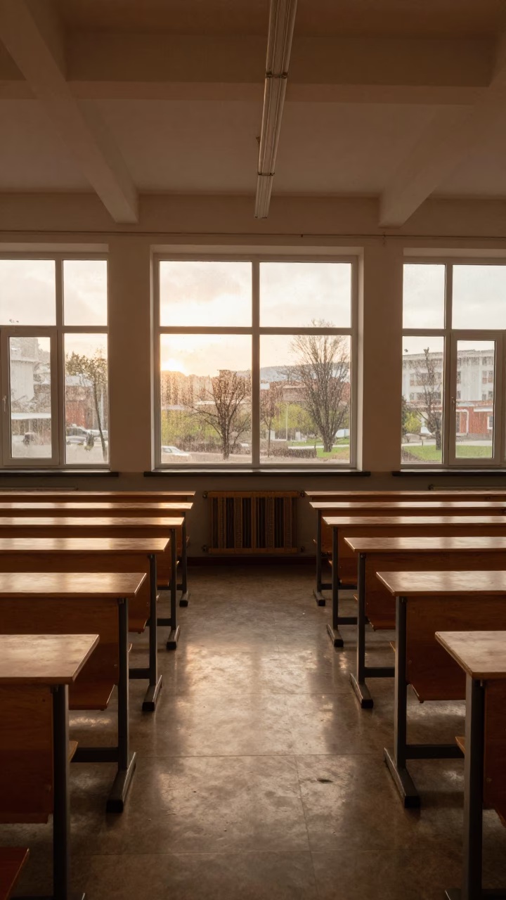Batumi Lecture Hall Copper Light Rain in in a lecture hall before the crowd arrives near Batumi