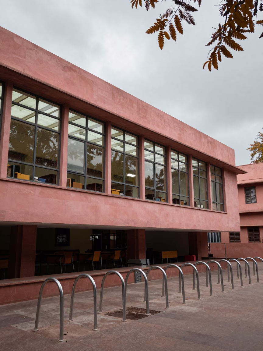 Bauhaus School Geometric Windows Pink City Jaipur in beside campus bike racks at dawn in Pink City, Jaipur