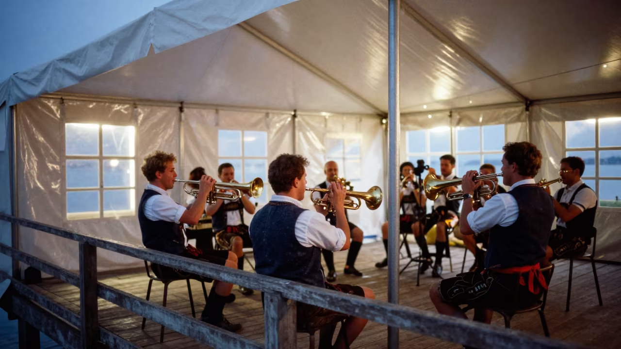 Bavarian Band on Pier Railing in Neon Light in on a pier railing near Issia