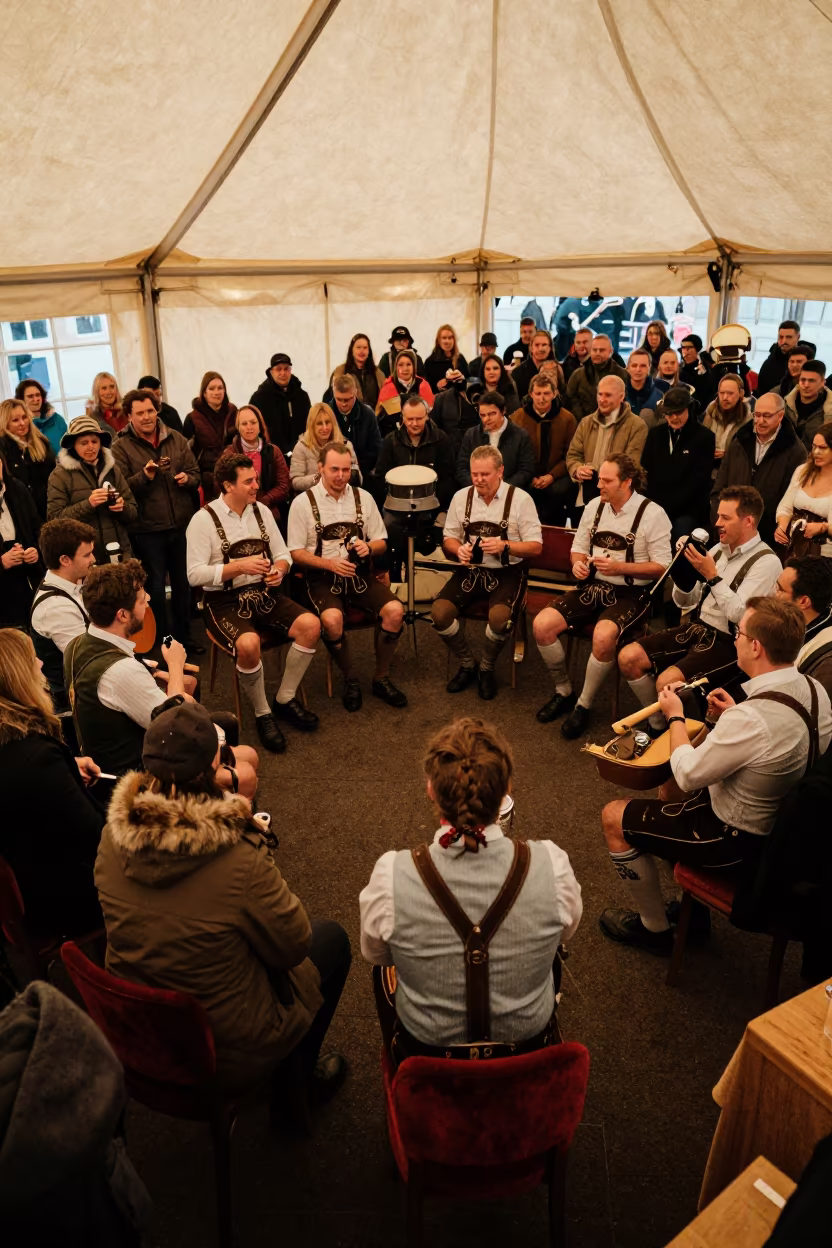 Bavarian Oompah Band in London Beer Tent in on a velvet chair near London