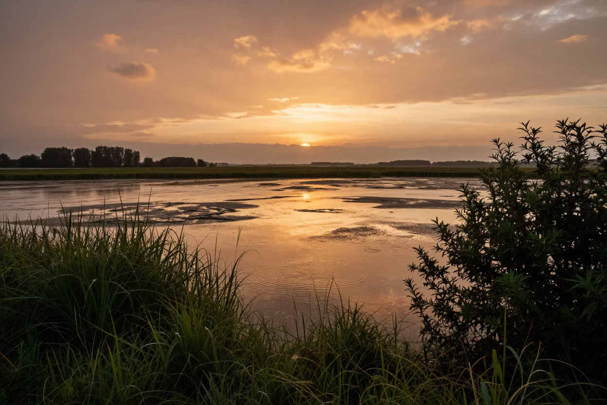 Bavarian Sunset Reflections on Wet Tidal Flats in across a wide valley floor in Bavaria