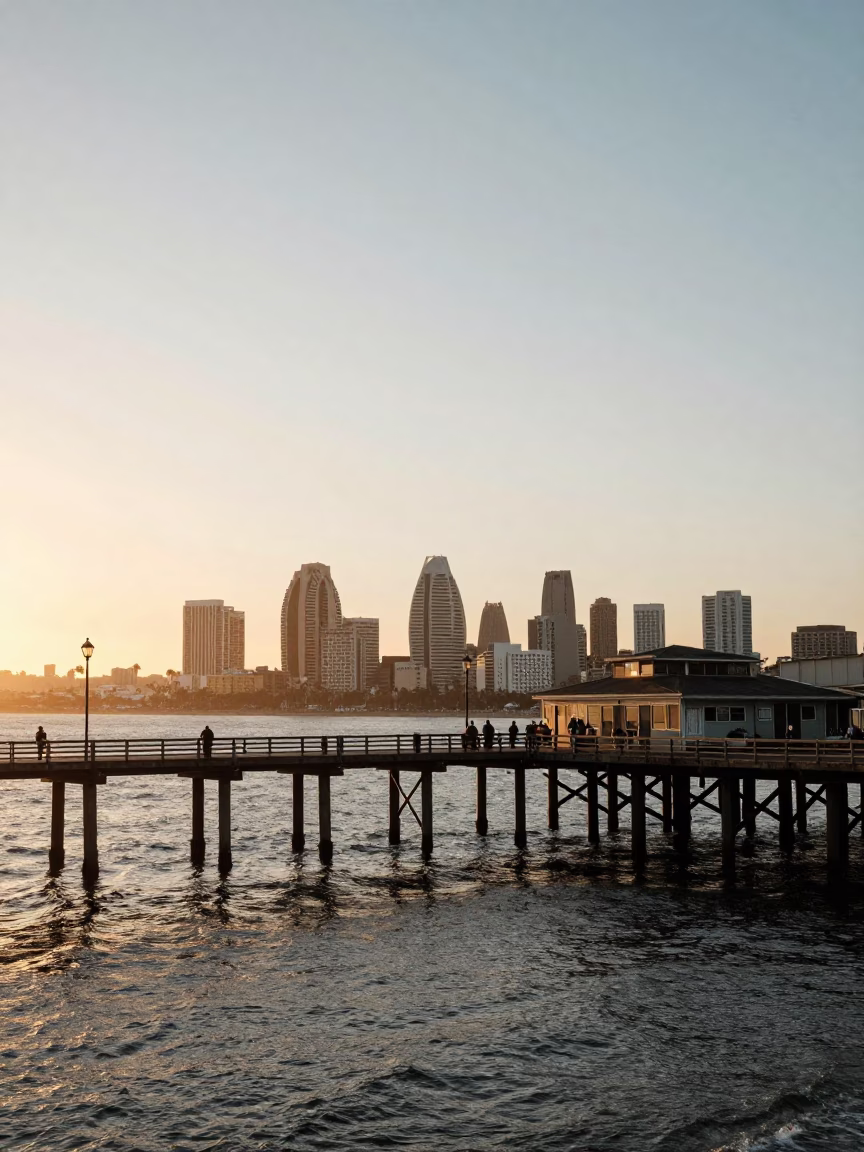Bay And Downtown Skyline From Ocean Beach Pier in San Diego in in San Diego, California, United States