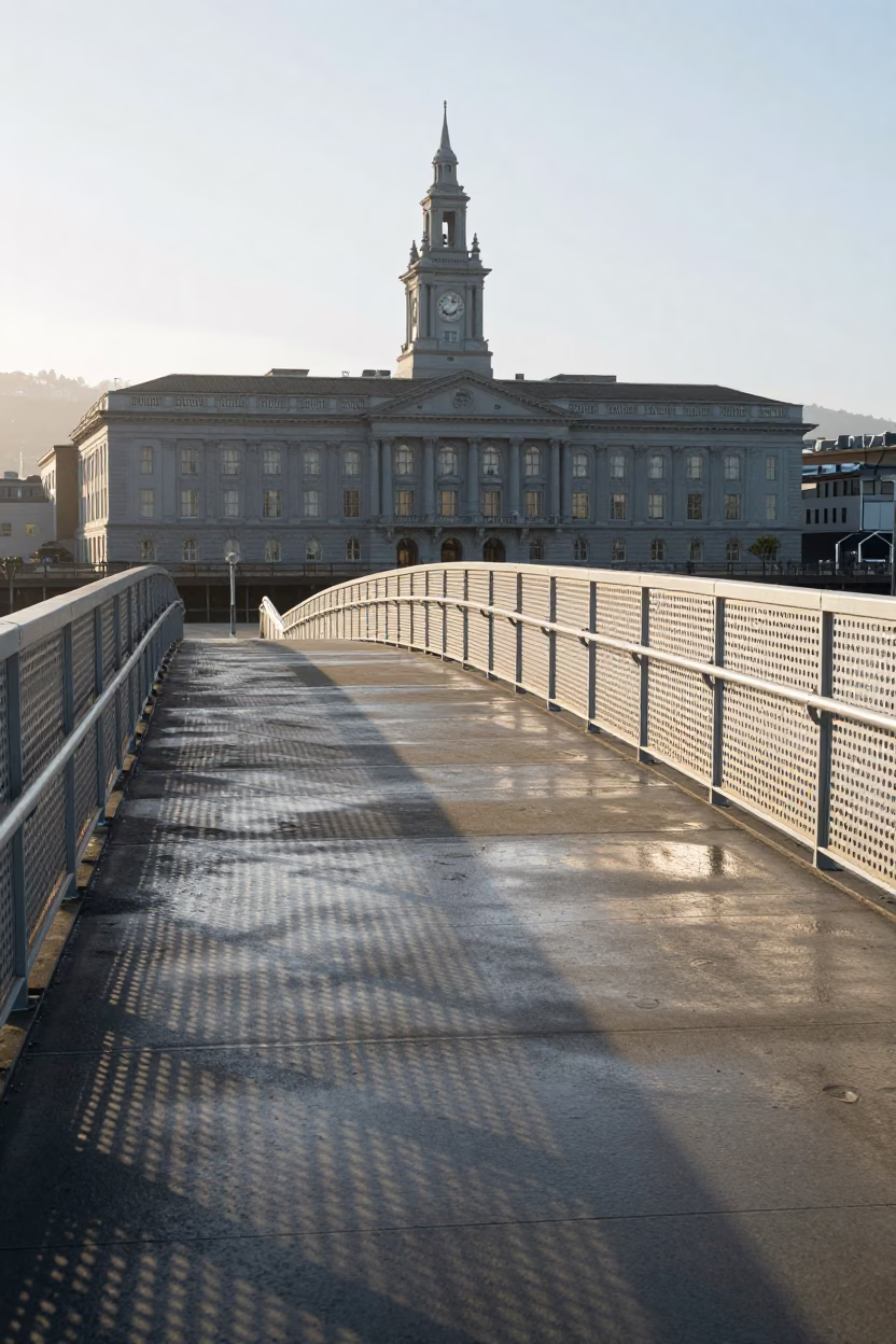 Bay And Ferry Building From Perforated Metal Pedestrian Overpass in San Francisco in in San Francisco, California, United States