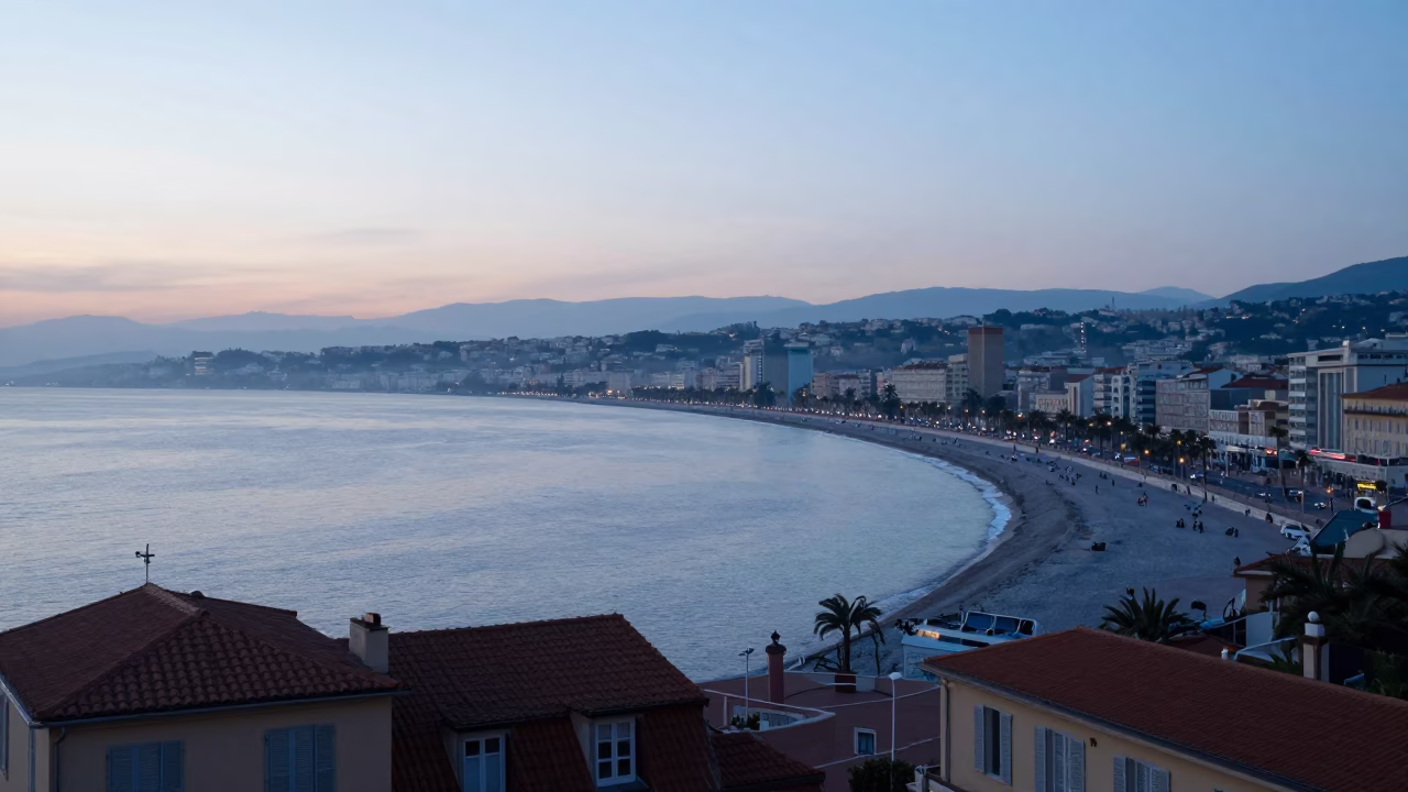 Bay at Sunrise Light in Nice in in Nice, France