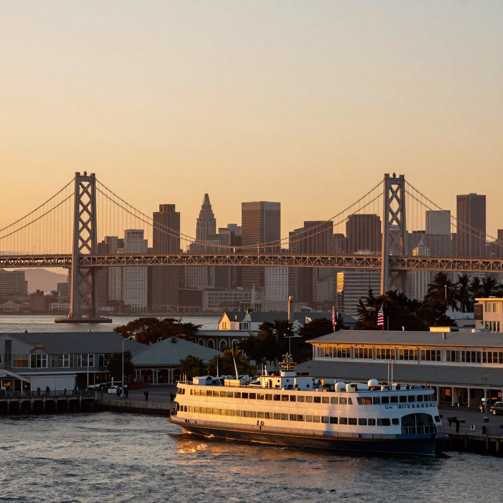 Bay Bridge And Ferry Building From Embarcadero in San Francisco in in San Francisco, California, United States