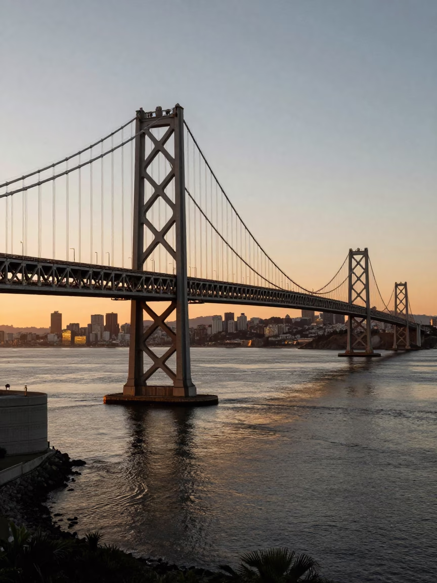 Bay Bridge Cable Stay Structure And Urban Skyline From Waterfront in San Francisco in in San Francisco, California, United States
