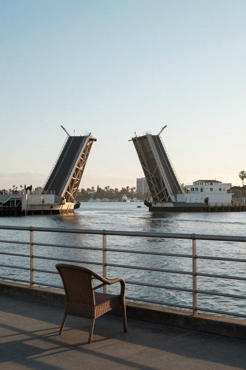 Bay Drawbridge Raising For Tall Ship at The Early Evening Light in San Diego in in San Diego, California, United States