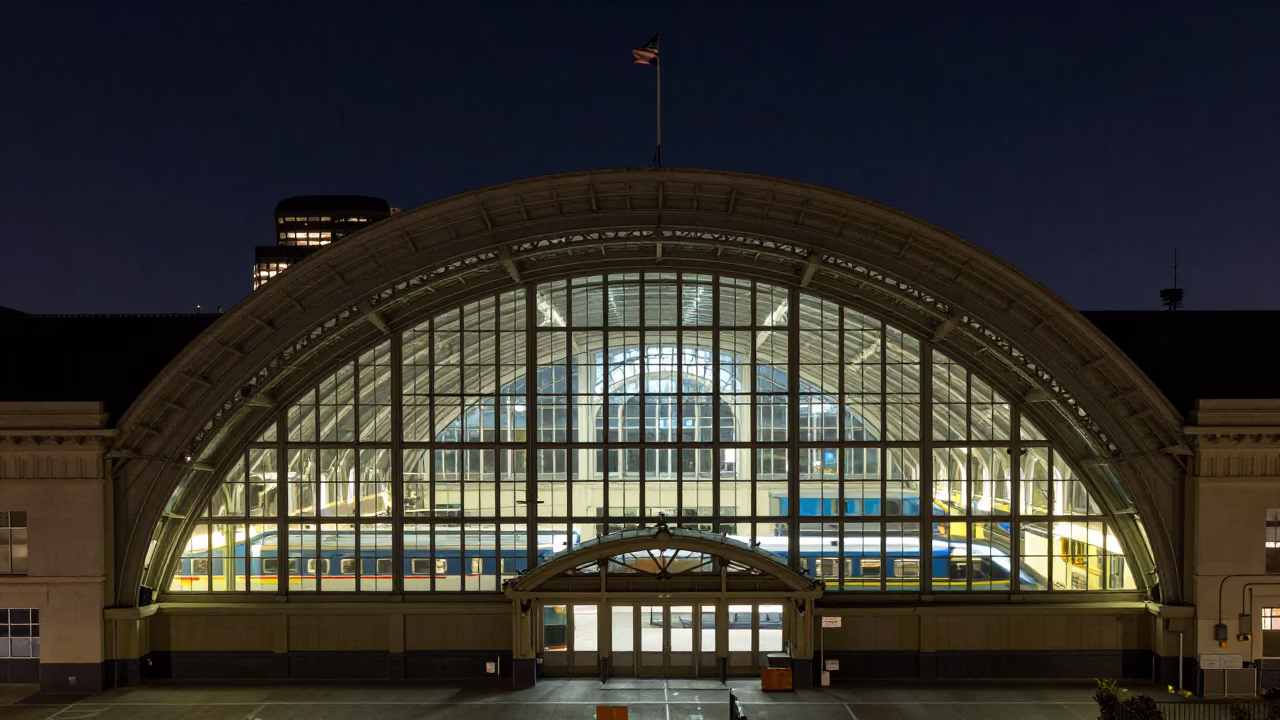 Bay From Glass And Steel Train Station Arched Roof in San Diego in in San Diego, California, United States