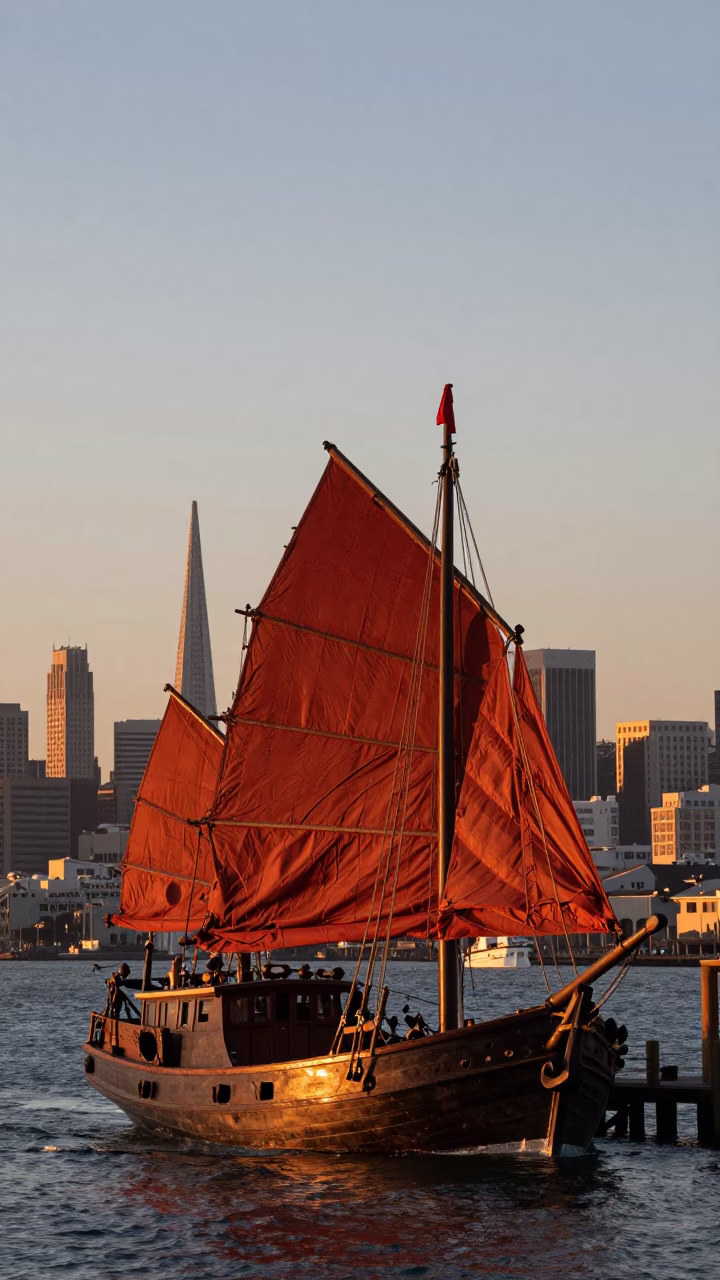 Bay Junk Boat in San Francisco at Sunset Light in in San Francisco, California, United States