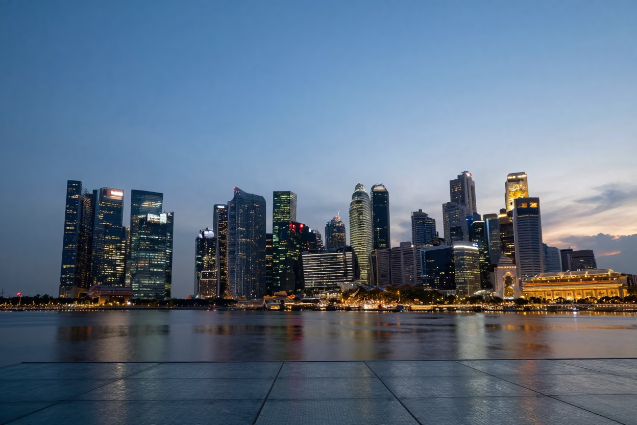 Bay Skyline in Singapore at As City Lights Begin To Glow in in Singapore, Singapore