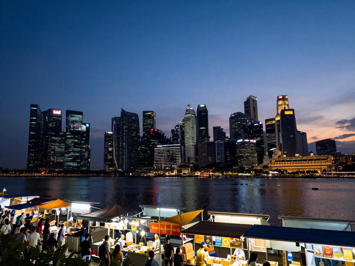 Bay Skyline in Singapore at Nautical Dawn Light in in Singapore, Singapore