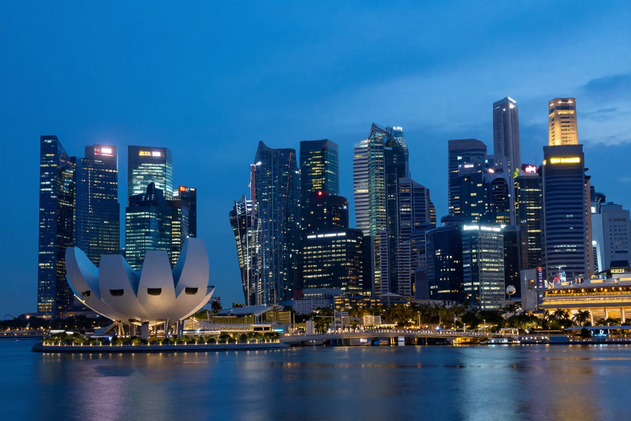 Bay Skyline in Singapore at The Last Blue Light Of Evening in in Singapore, Singapore